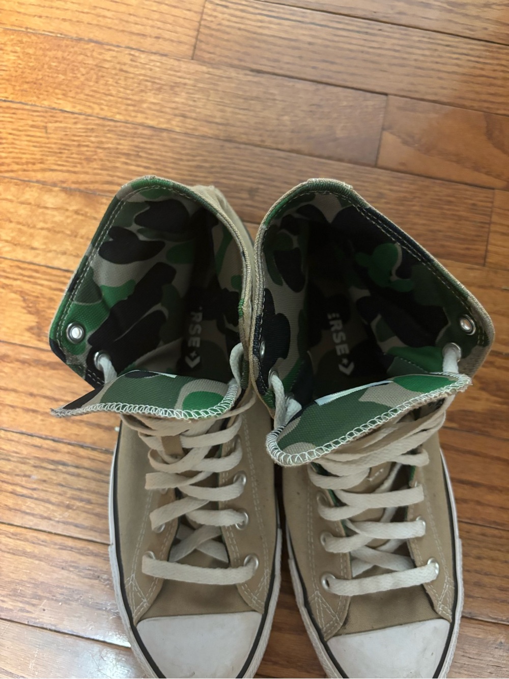 Men’s High-Top Canvas Sneakers in Tan with Green Camo Lining - Picture 2 of 9